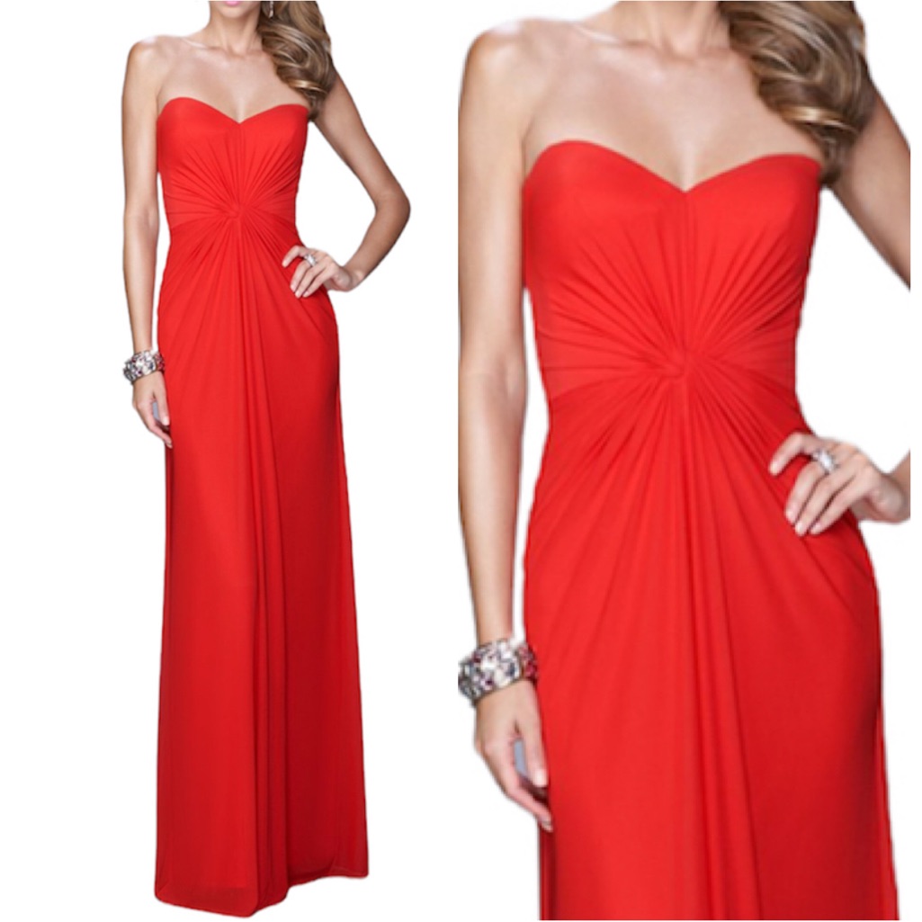 La Femme Red Gathered Jersey Sweetheart Gown New Size 6 Dress Open Back